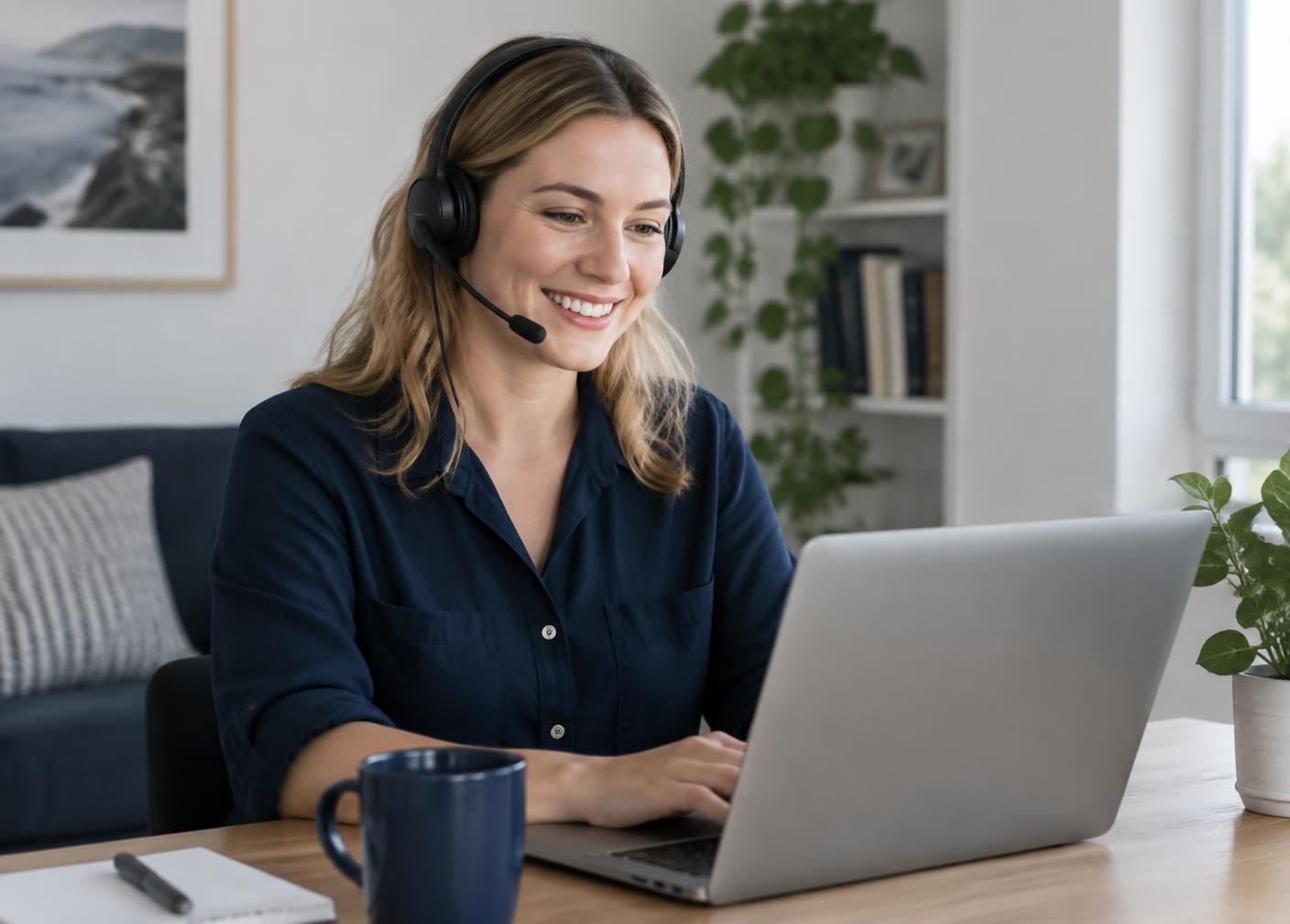 Customer support specialist working remotely from a home office with a headset and laptop